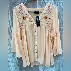 NEW Young Threads S/M peach blossom embroidered sheer boho balloon sleevโฆ